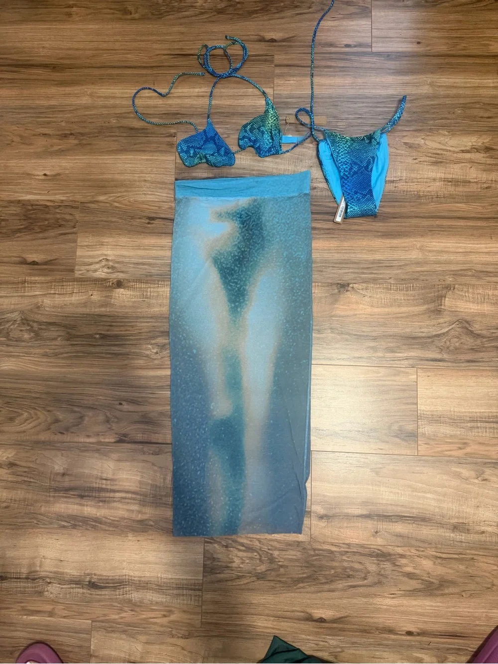 SKIMS Blue Ombre Mesh Sarong with Aqua Patterned Bikini Set .. selling as a set